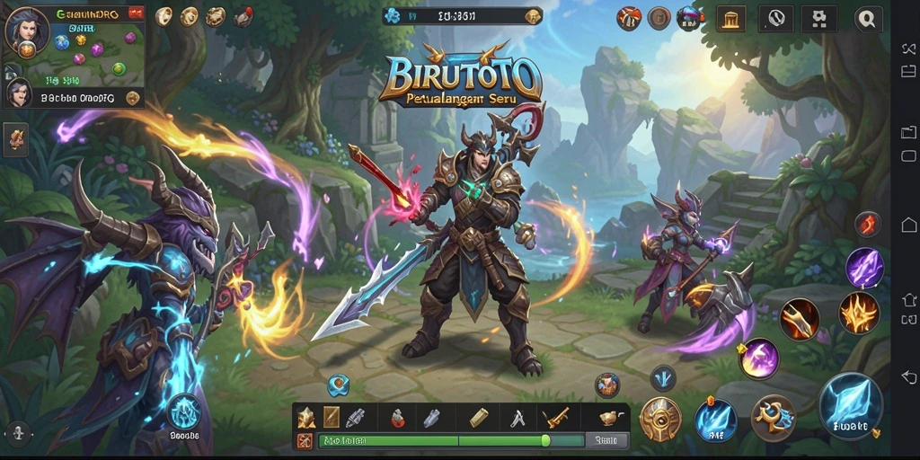 Screenshot gameplay BIRUTOTO menampilkan pertempuran epik di dunia fantasi.