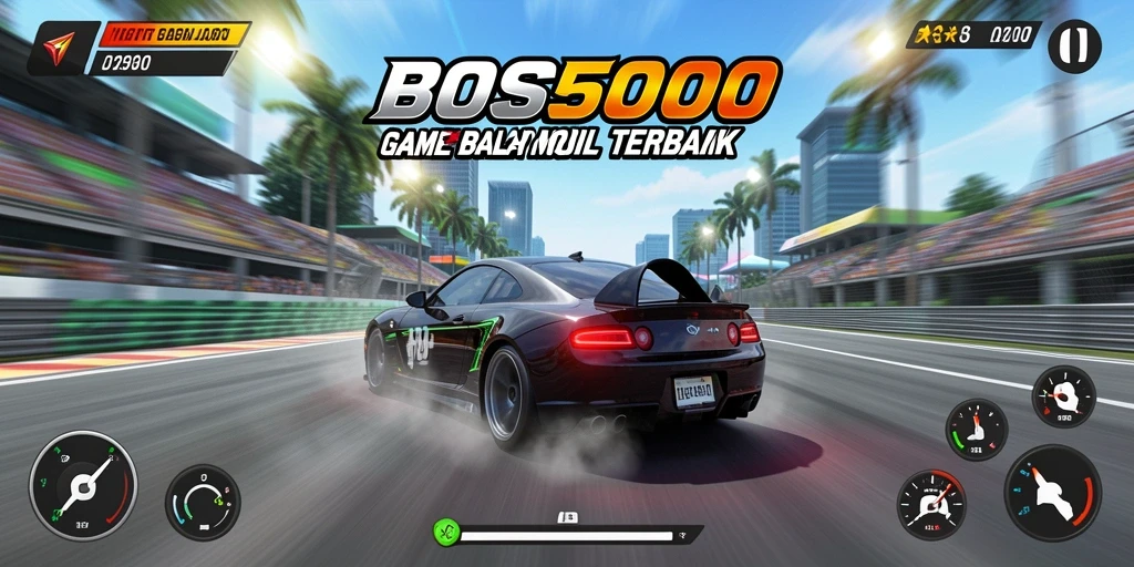 Screenshot game BOS5000 menampilkan balapan seru di jalan kota yang ramai.
