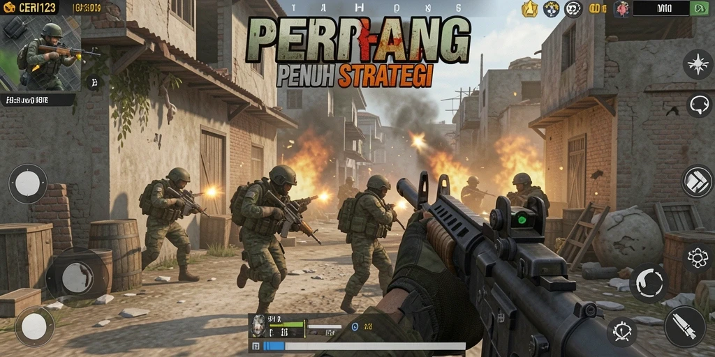 Tampilan gameplay intens dalam CERI123, menunjukkan aksi tembak-menembak yang mendebarkan.