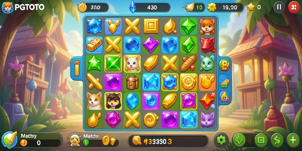Tampilan gameplay PGTOTO dengan level Match-3 yang penuh warna.