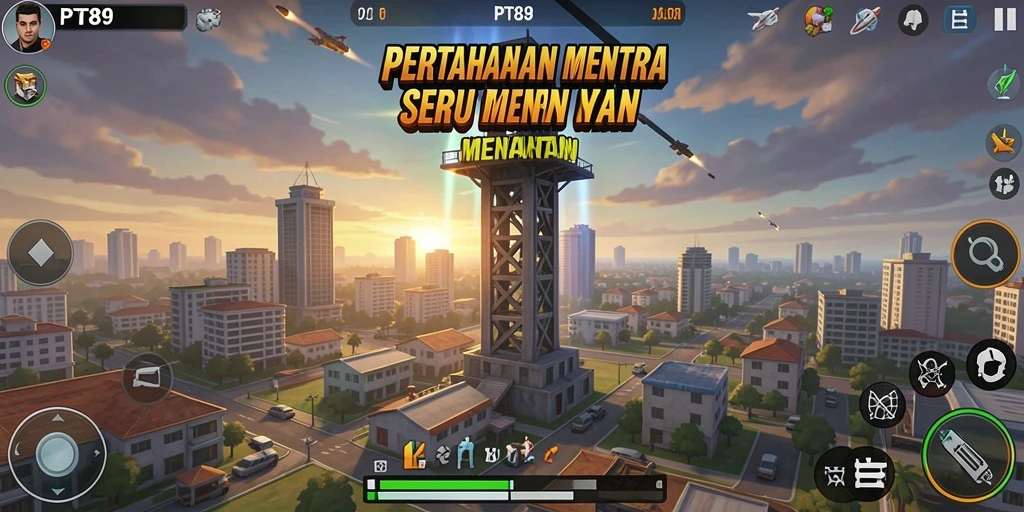 Screenshot utama PT89 menunjukkan pertempuran mendebarkan dalam game Tower Defense.