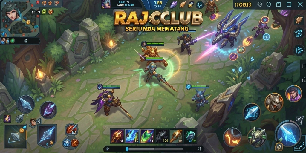 Tampilan screenshot RAJACLUB menunjukkan aksi pertarungan MOBA yang seru.