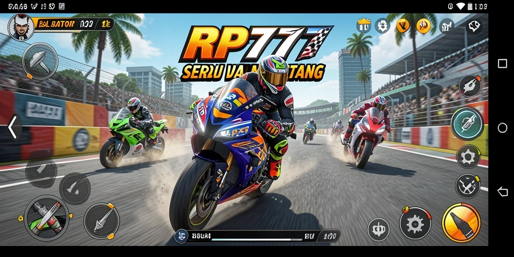 Screenshot utama RP777 menampilkan aksi balapan motor yang seru.