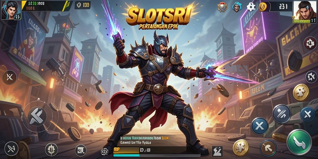Tangkapan layar gameplay SLOTSRI menampilkan aksi pertarungan seru di arena Battle Royale.